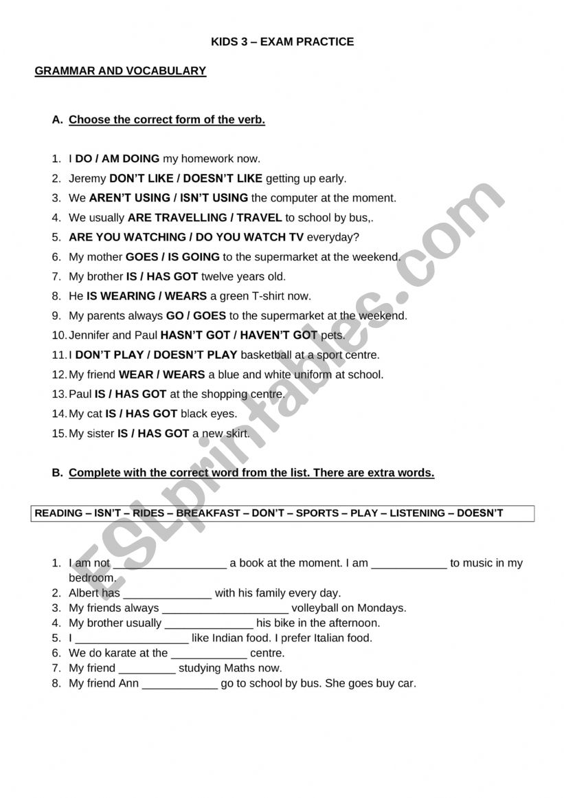 Exam practice worksheet