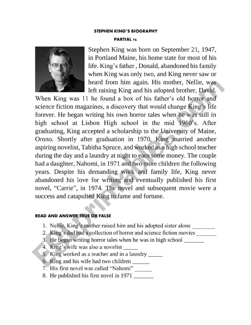 STEPHEN KING�S LIFE  worksheet