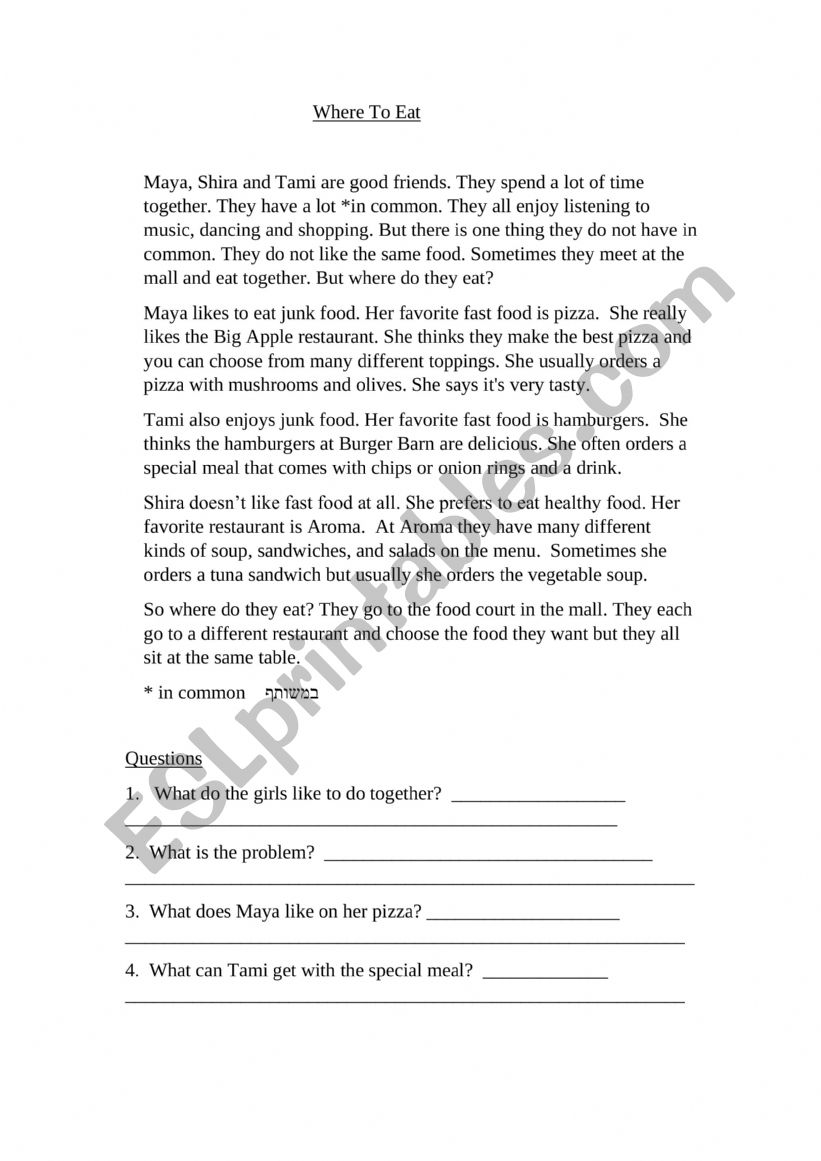 Where to Eat  worksheet