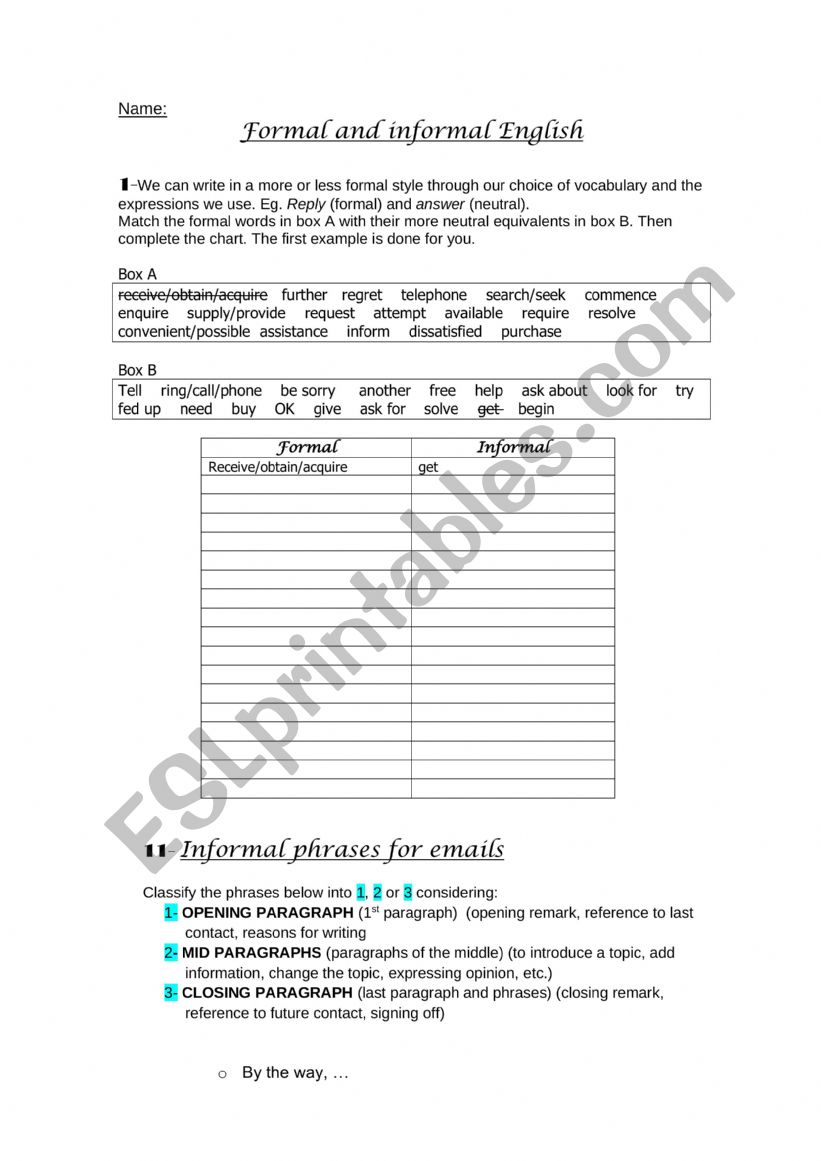 Formal and informal email worksheet