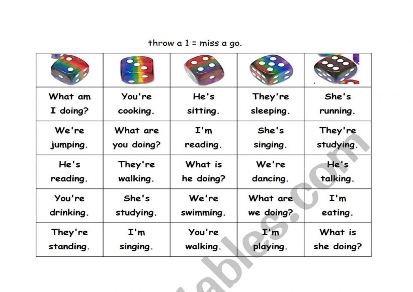 present cont verbs dice bingo battle game
