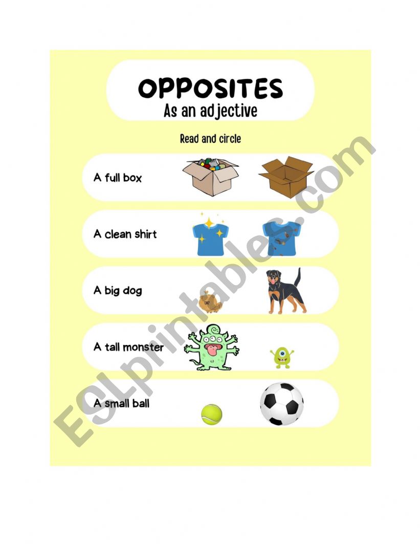 Opposites as an adjetive worksheet