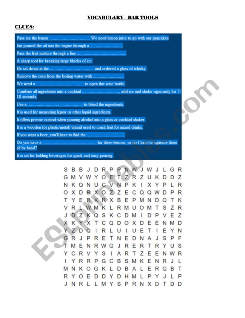 VOCABULARY- BAR TOOLS worksheet