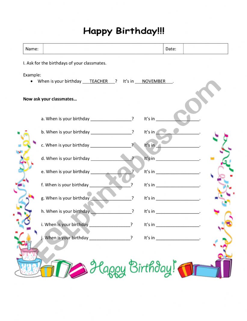 BIRTHDAY worksheet