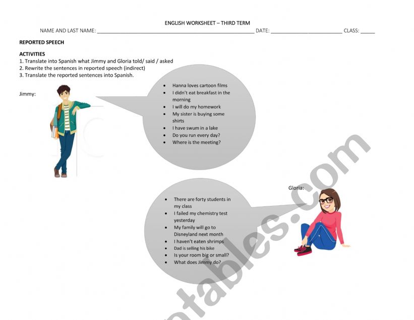 reported speech worksheet worksheet