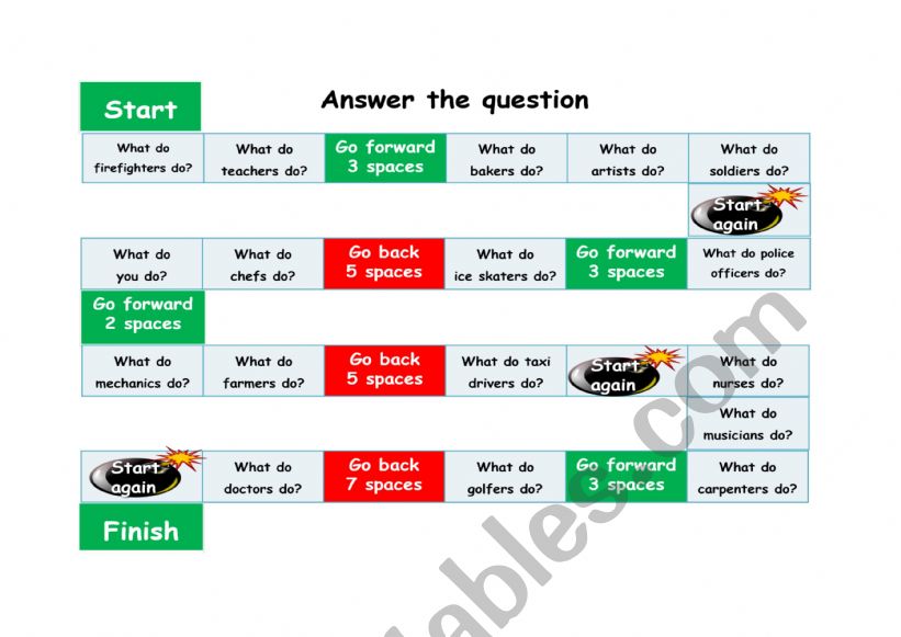 jobs / occupations race game worksheet