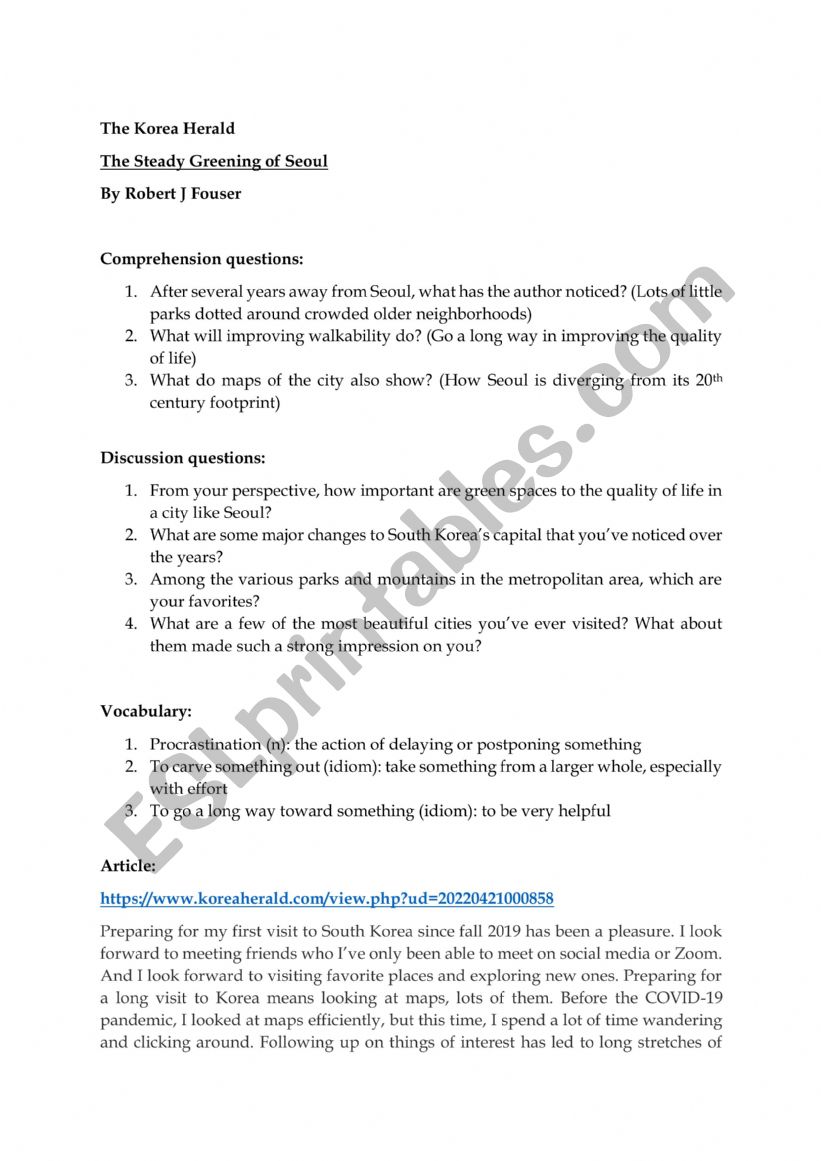 The Greening of Seoul worksheet