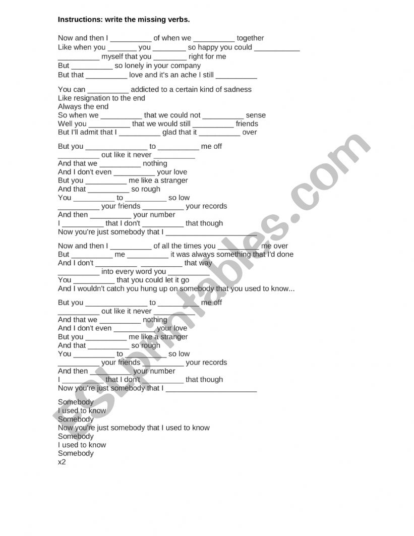 Somebody that I used to know - Listening worksheet