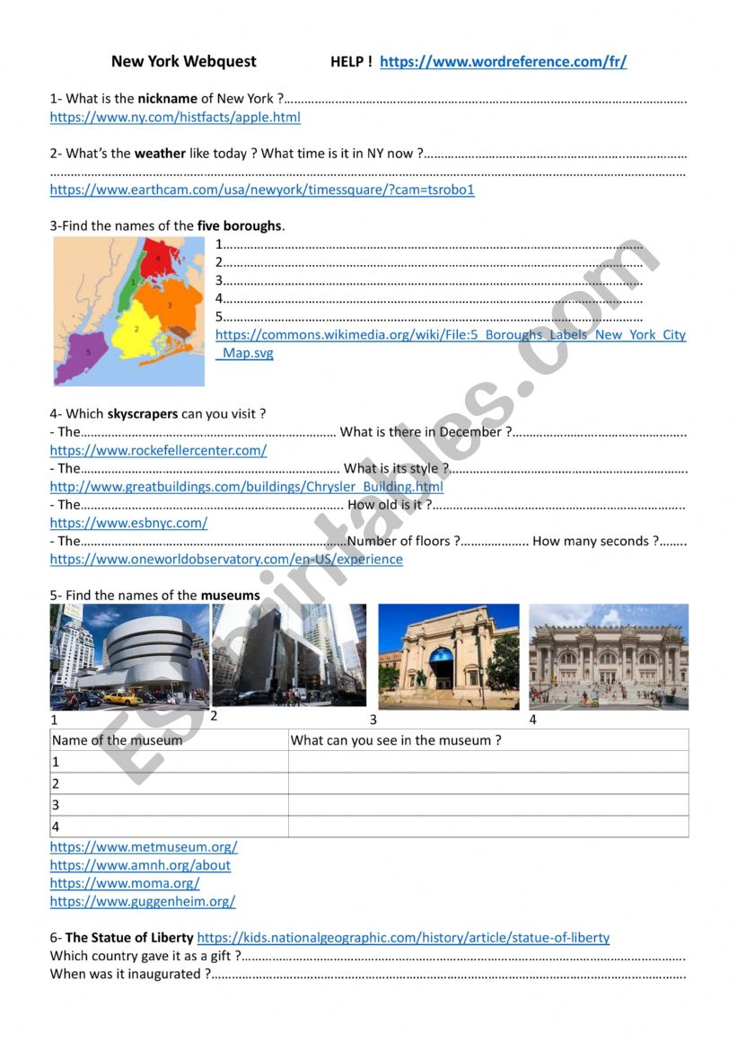 New York City Webquest worksheet
