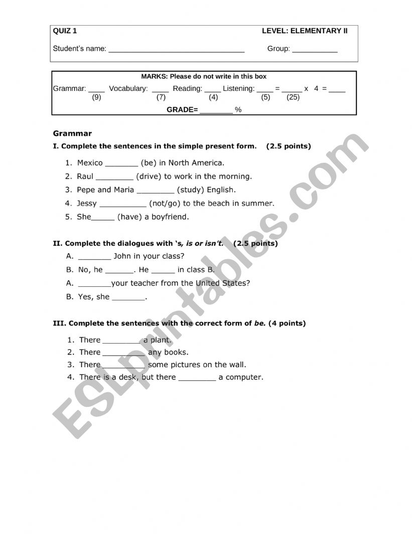 Quiz Elementary2 worksheet
