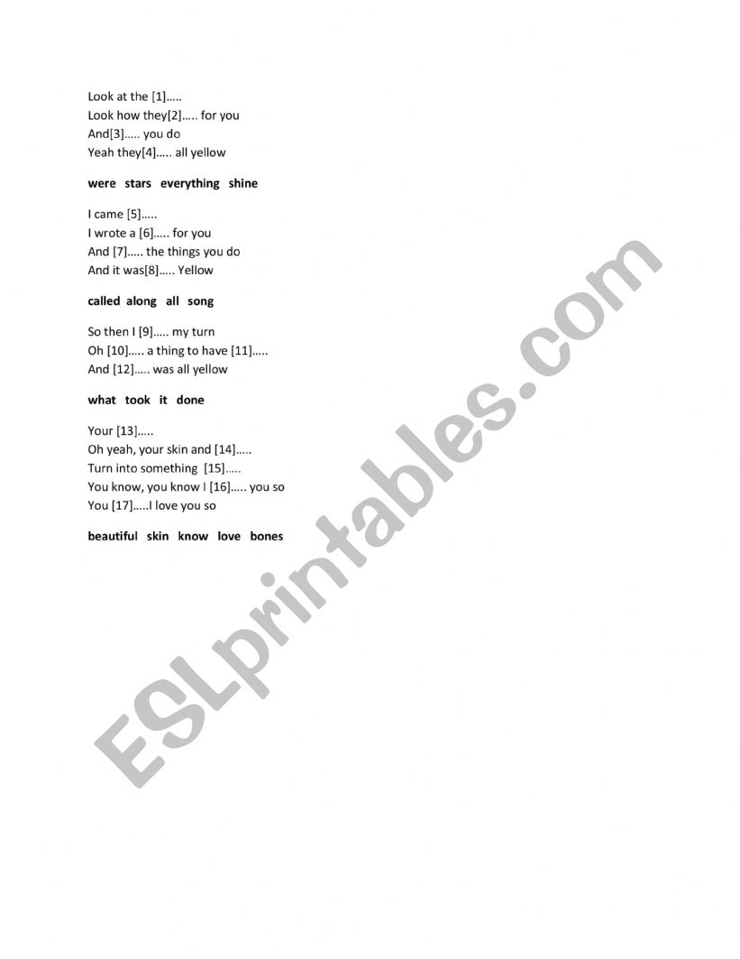 Yellow lyric worksheet