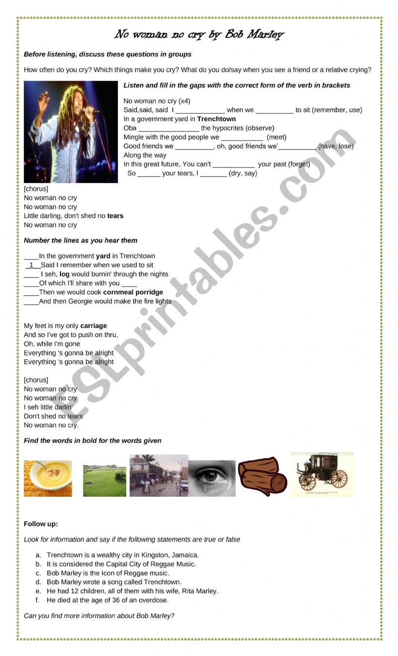 Woman No cry by Marley Bob worksheet