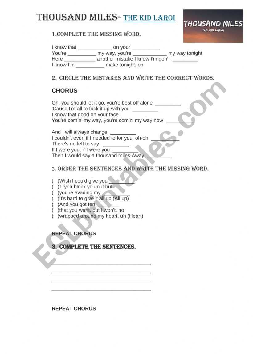 Thousand miles- Kid Laroi worksheet