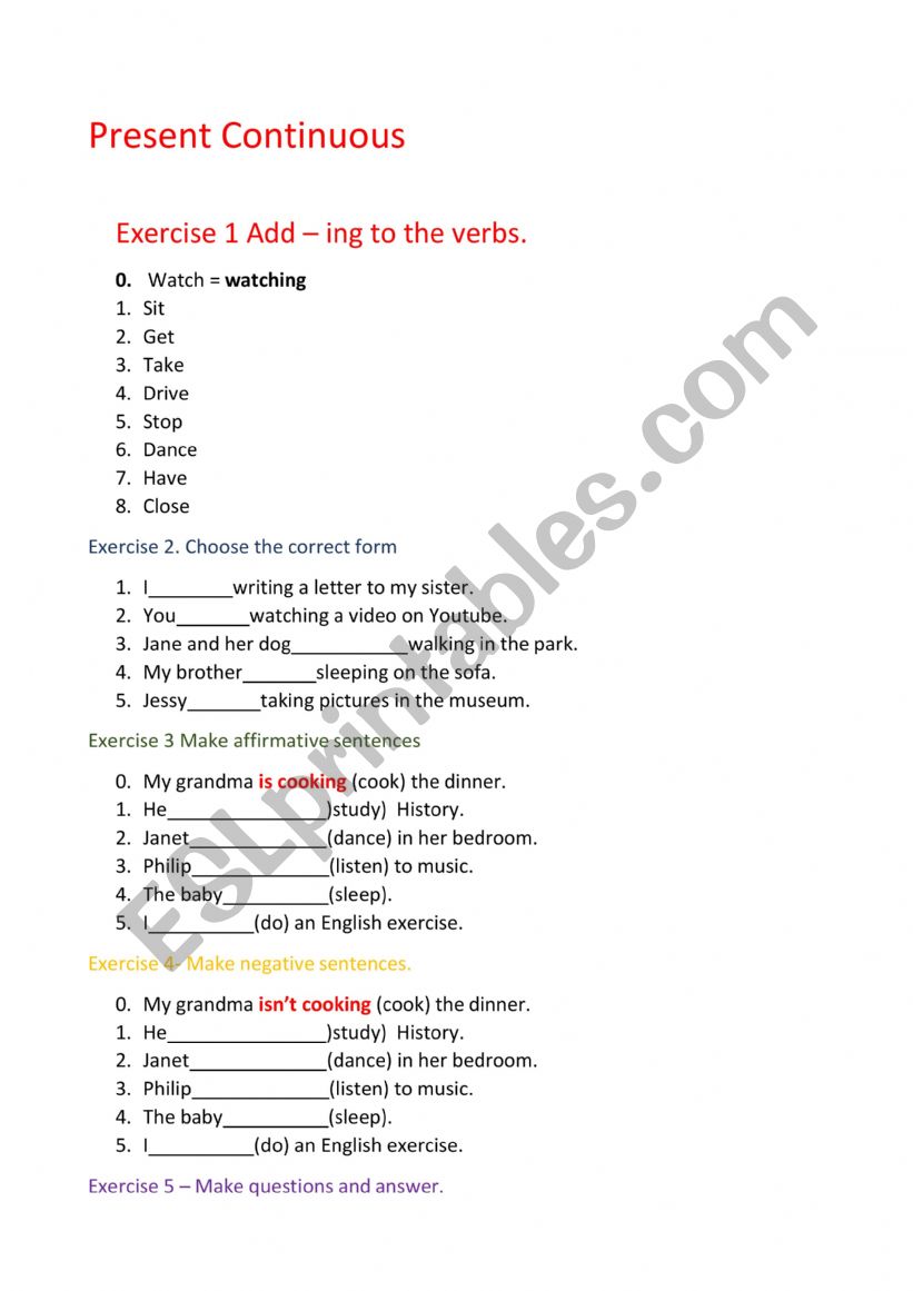 Present Continous worksheet