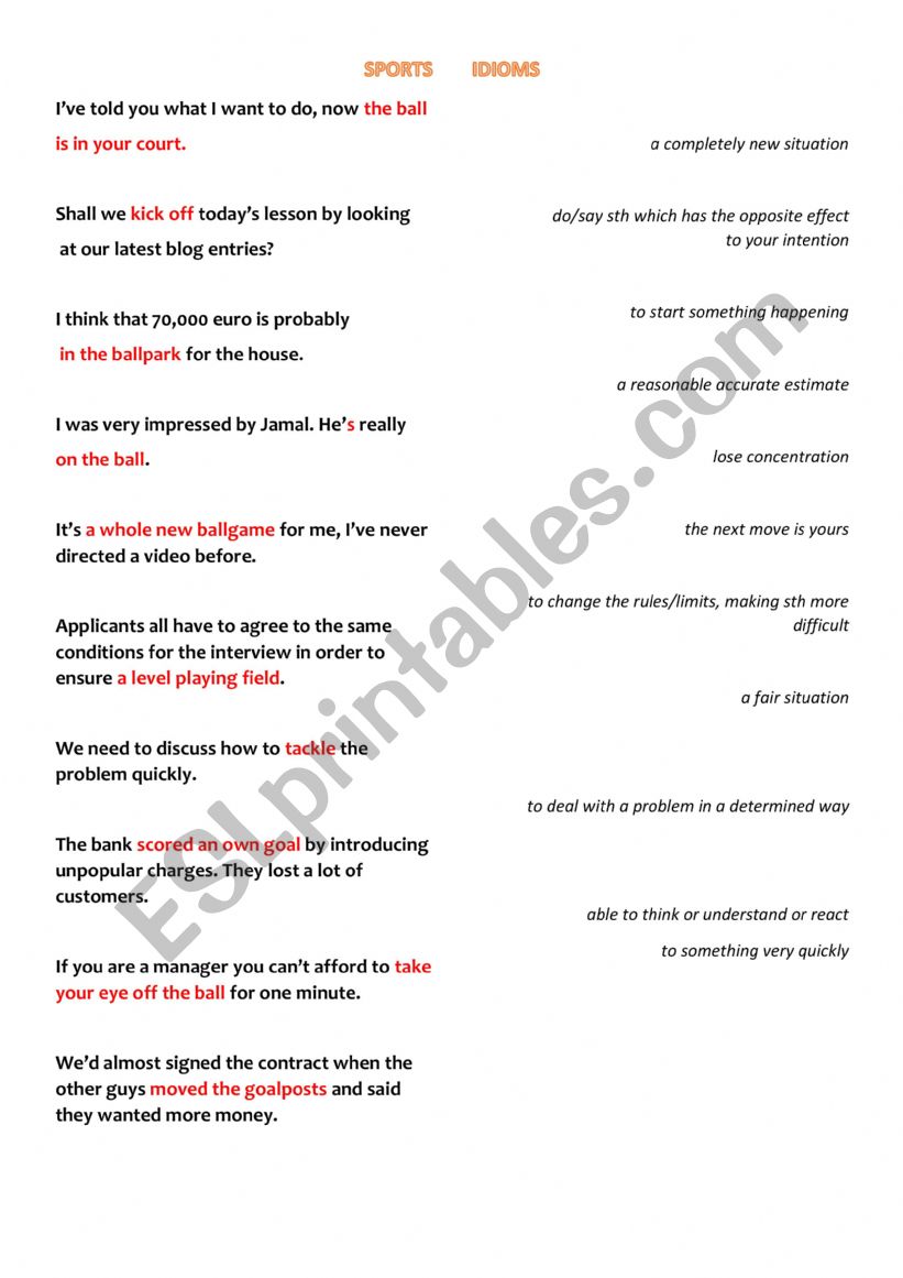 Sports idioms worksheet