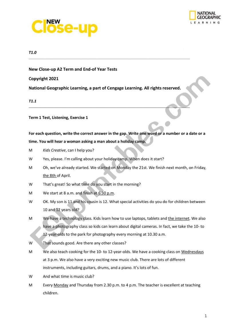 Audio script worksheet