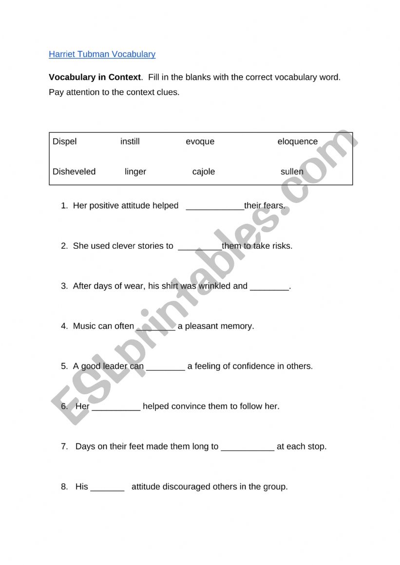 Harriet Tubman - Vocabulary worksheet