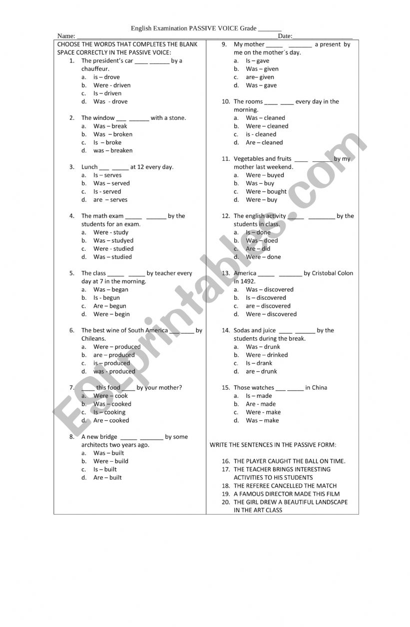 Passive present and past test worksheet