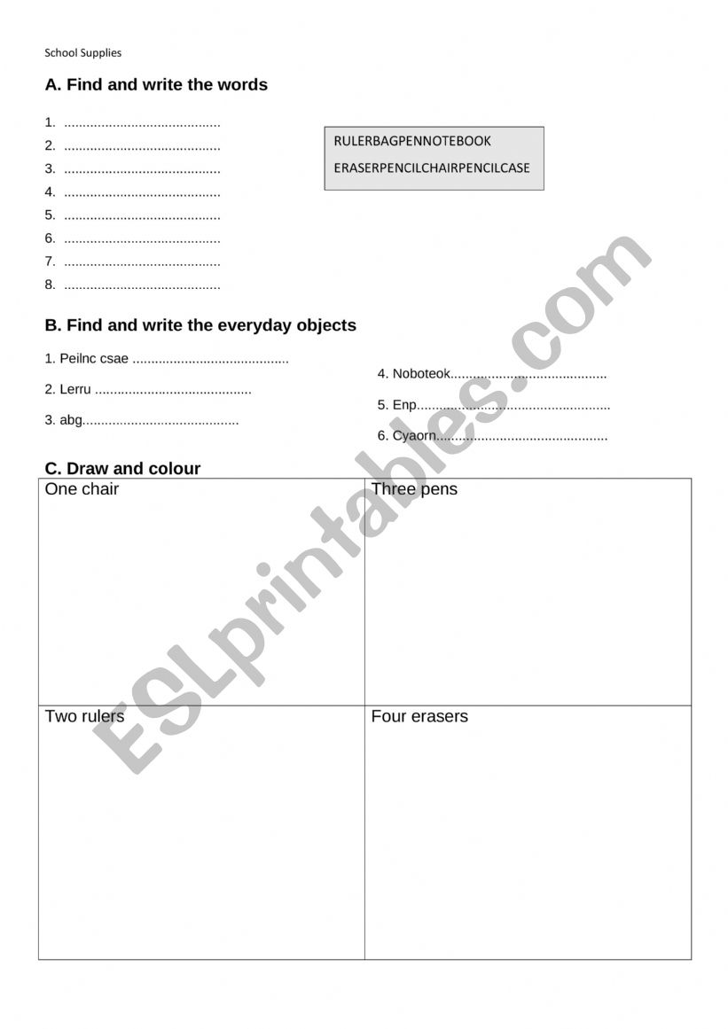 School Supplies worksheet