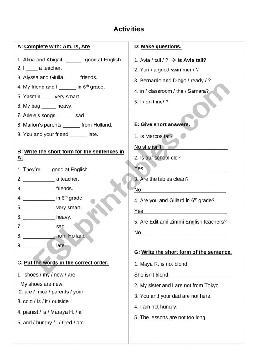 Smplie Present Verb to be worksheet