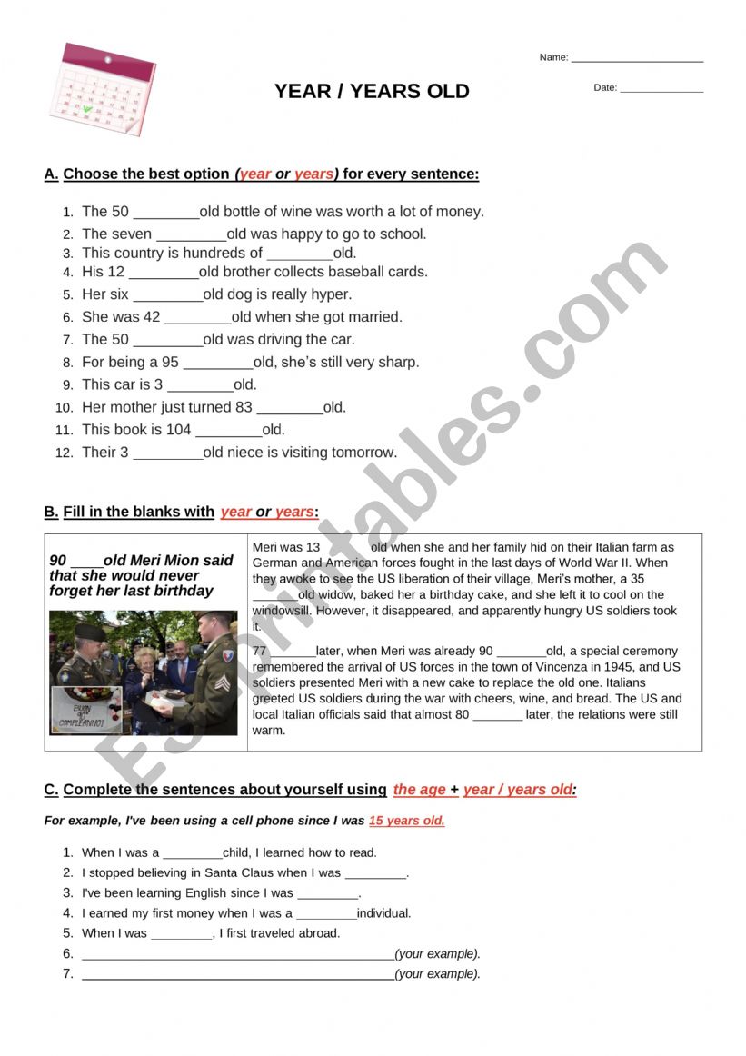 Year / years old _ practice worksheet