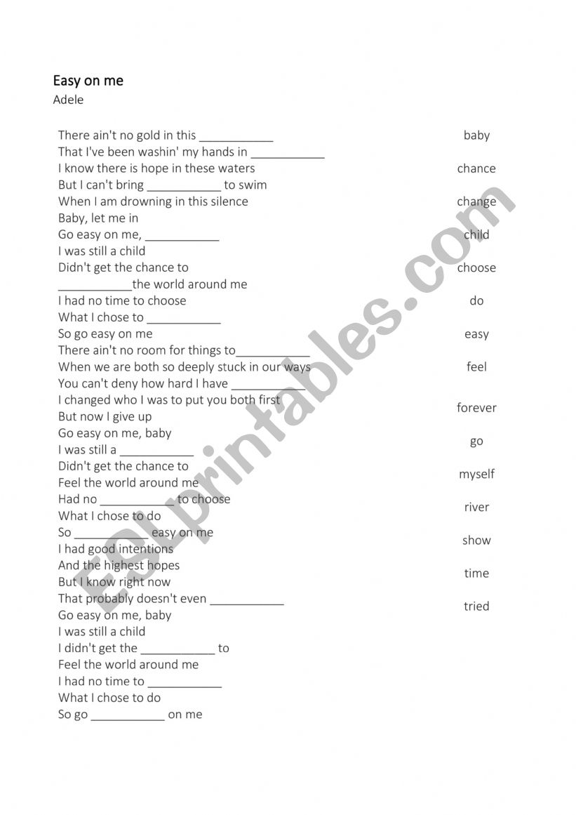 Easy on me Song ESL worksheet by ligiaberenguer