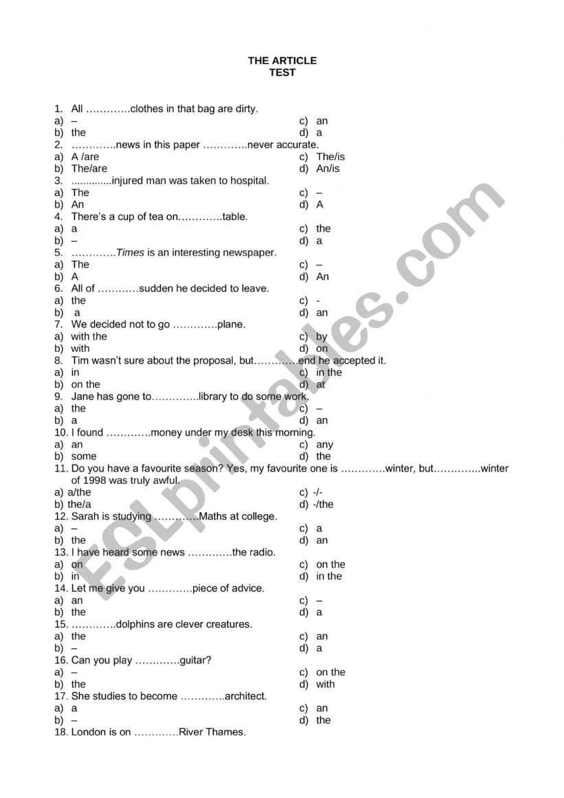 The article-Test worksheet