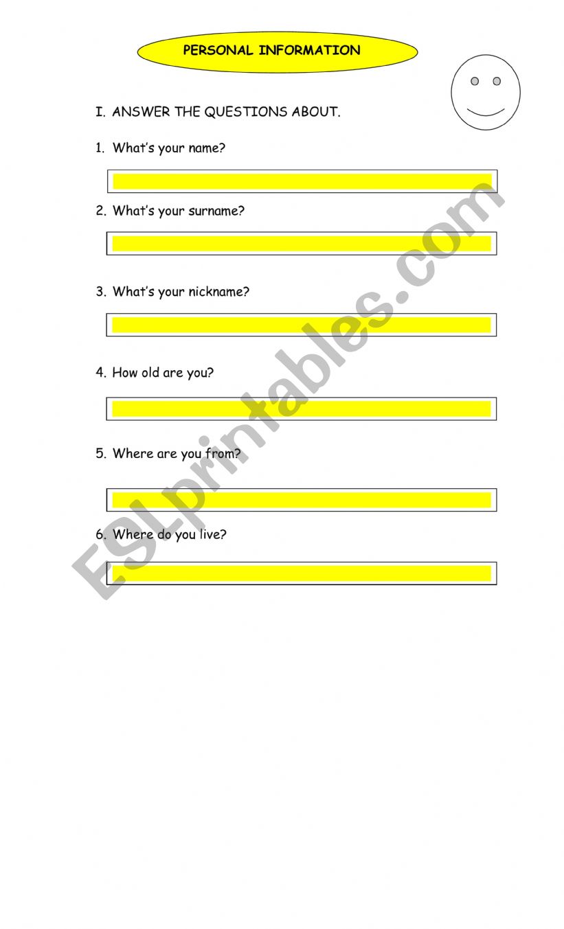 PERSONAL INFORMATION worksheet