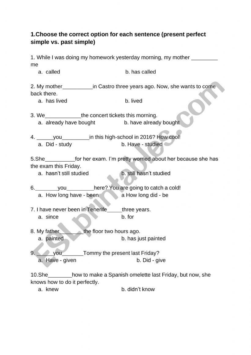 English Worksheets Múltiple Choice Present Perfect Simple And Past Simple 0807