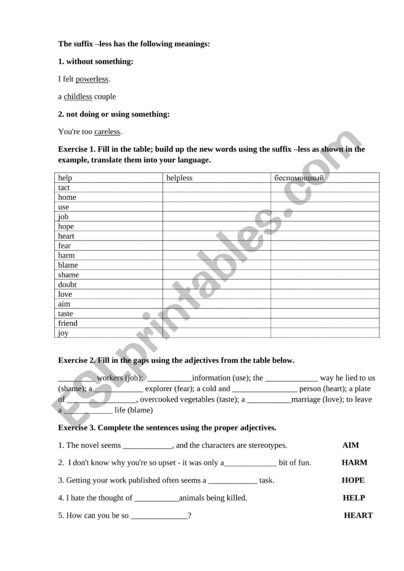Suffix LESS worksheet