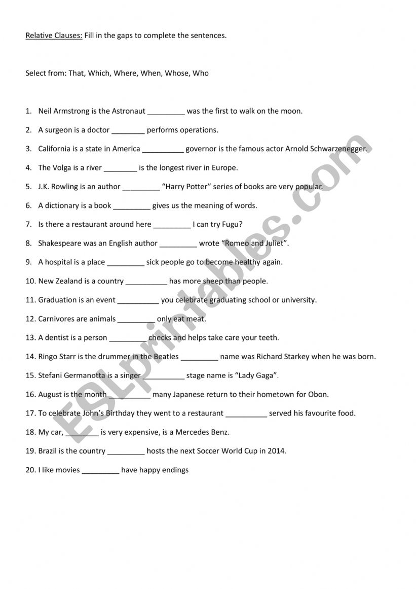 English worksheets: Relative Clauses