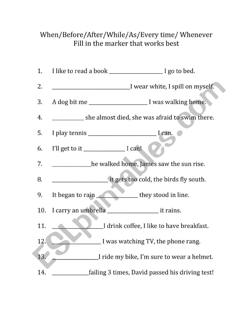 Adverbial clauses of time worksheet