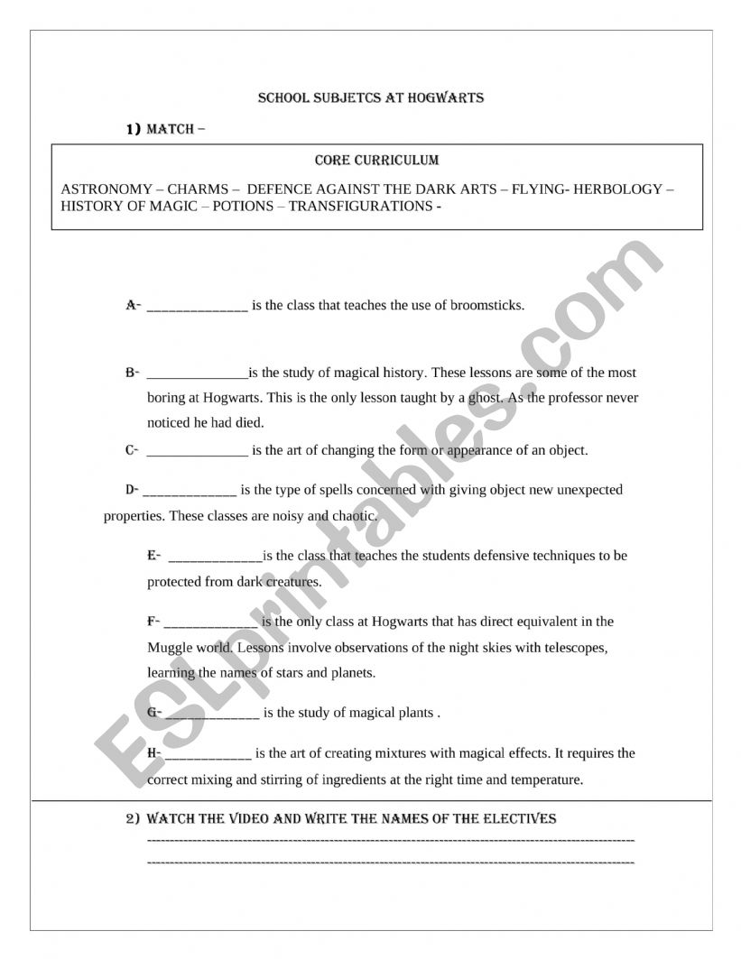 Jobs at Howarts worksheet