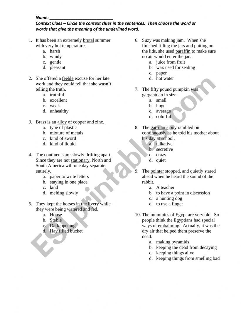 Context Clues Assessment worksheet