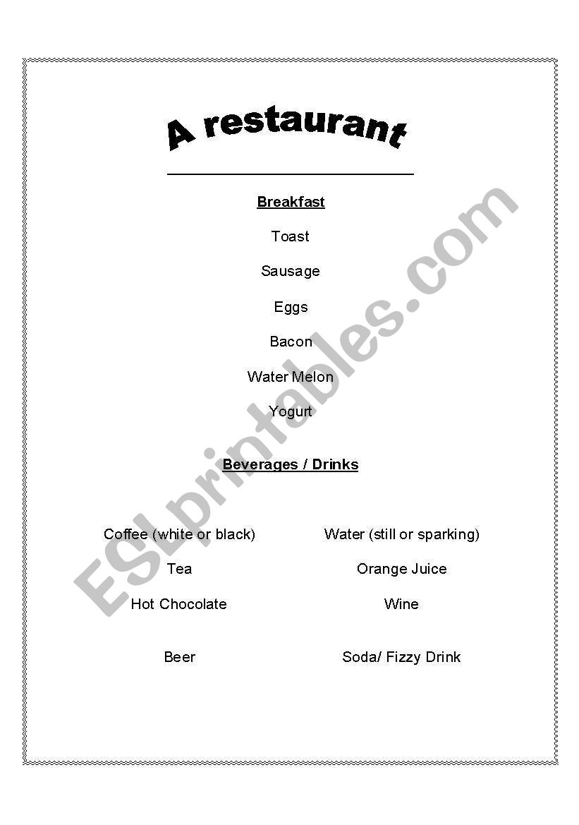 Engllish Menu worksheet