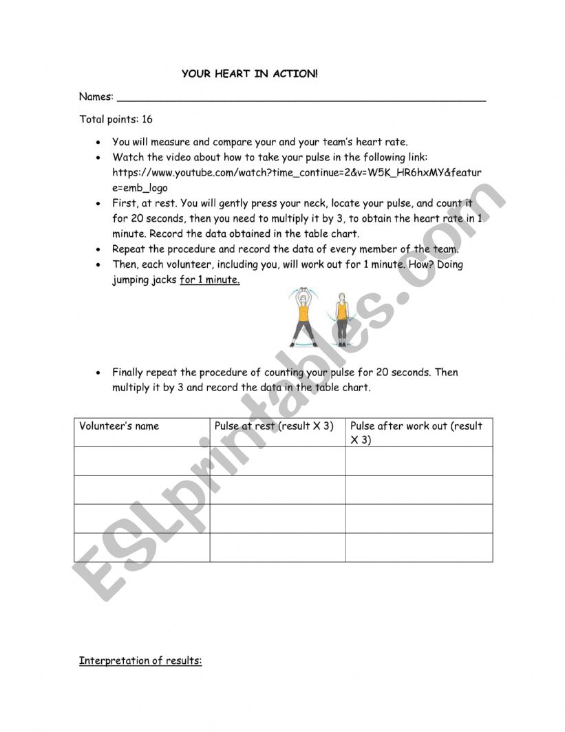 Your heart in action worksheet