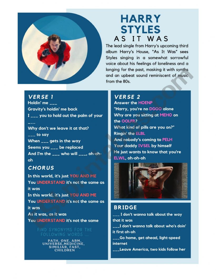 As it was - printable worksheet