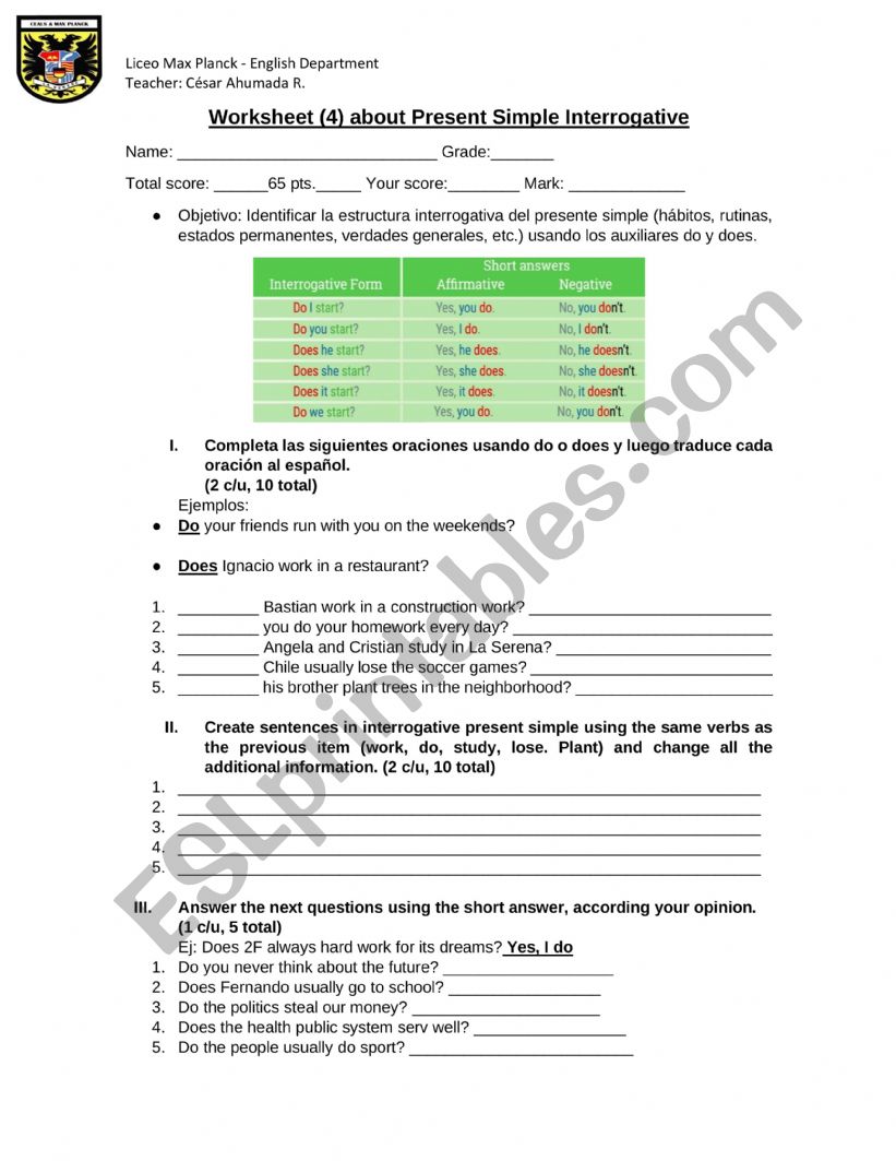 negative present simple worksheet