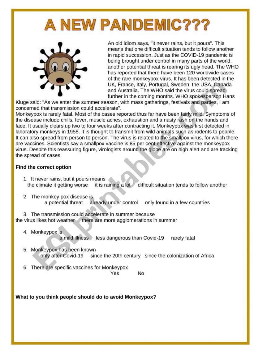 PANDEMIC MONKEY worksheet