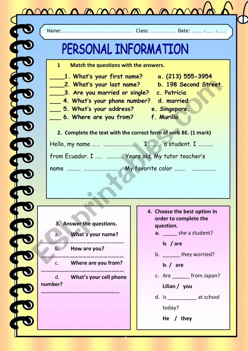 PERSONAL INFORMATION worksheet