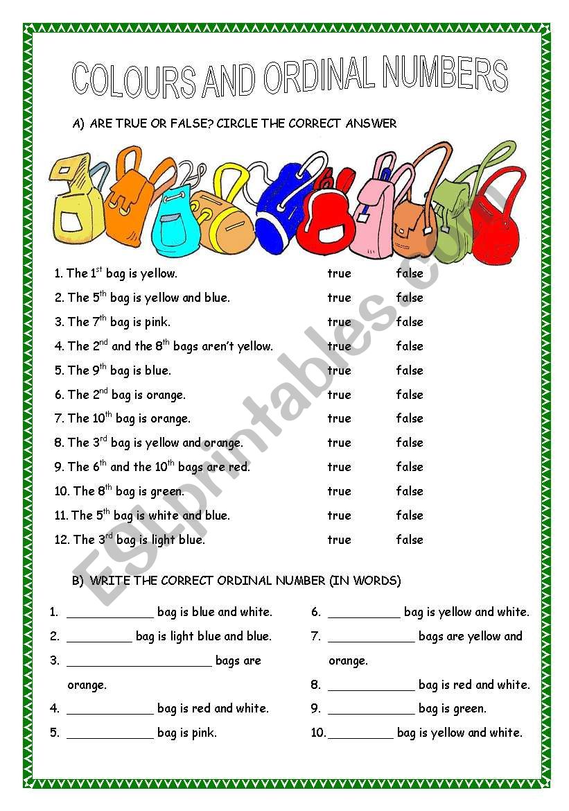 COLOURS AND ORDINAL NUMBERS worksheet