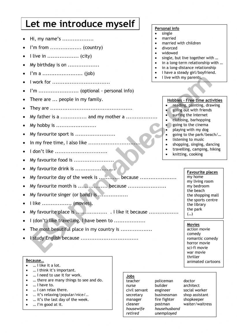 English Worksheets: ESL Let Me Introduce Myself