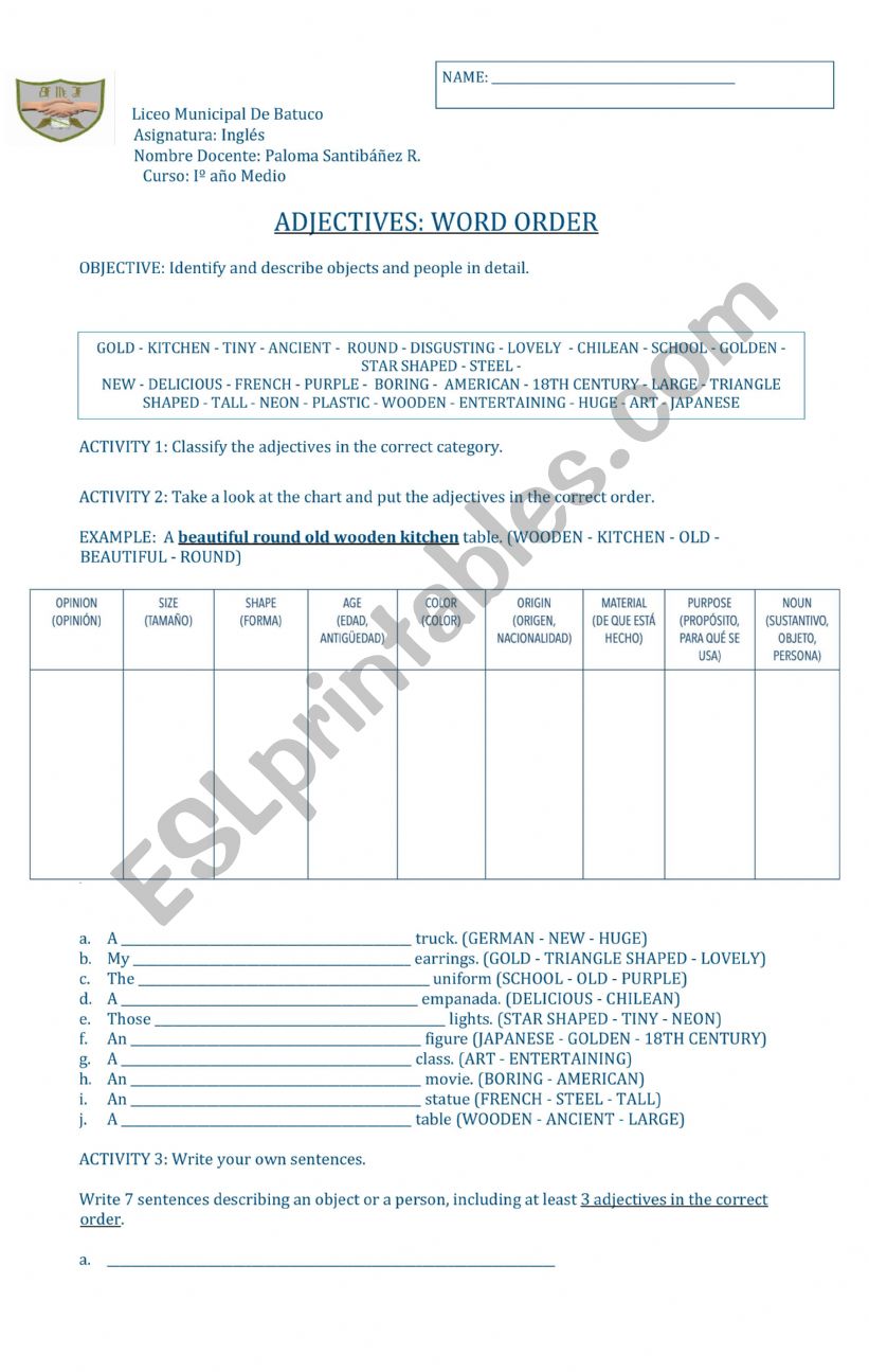 ADJECTIVE WORD ORDER worksheet