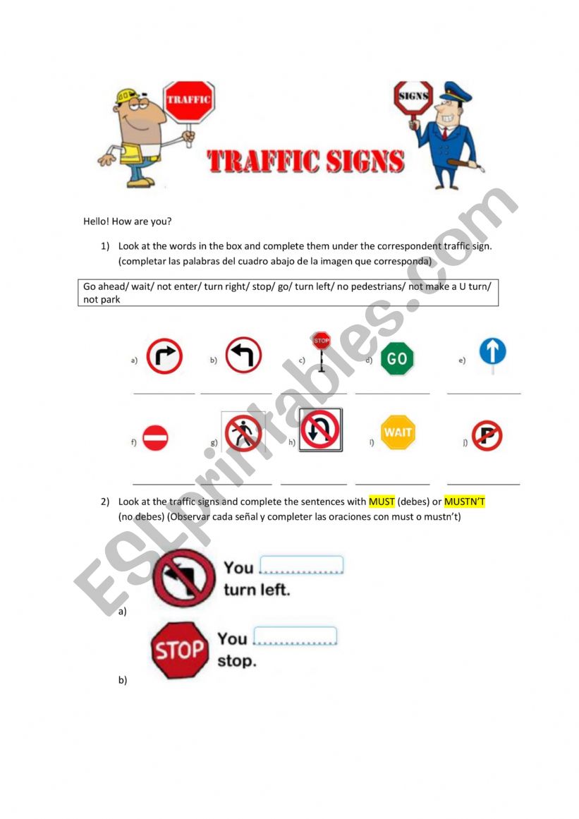 traffic signs worksheet