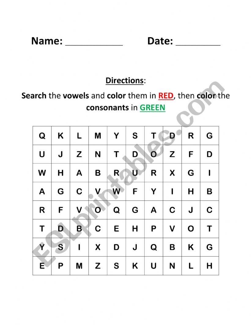 Vowels and consonants sorting worksheet