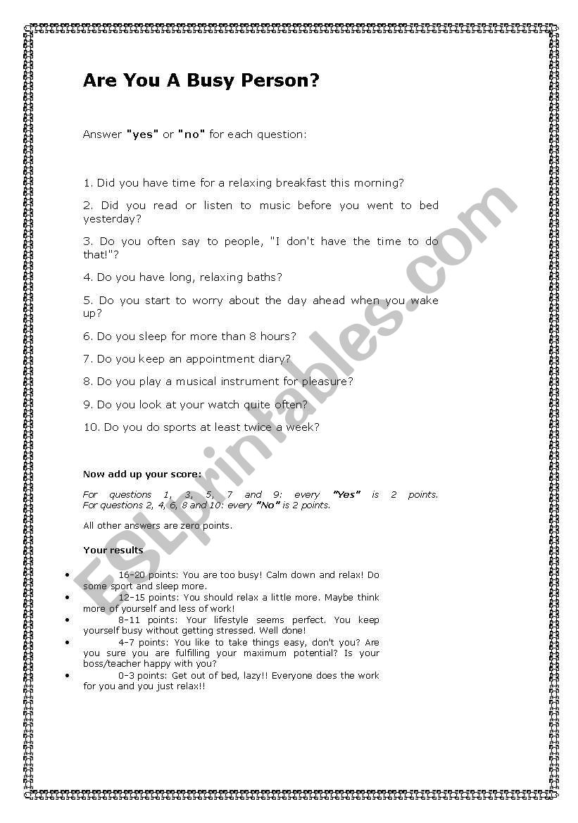 Are you a busy person worksheet
