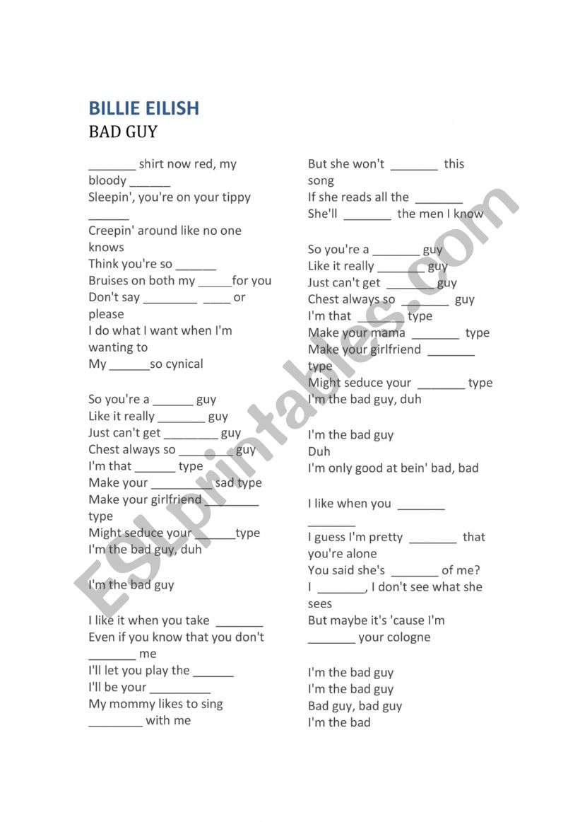 Billie Eilish - Bad guy worksheet