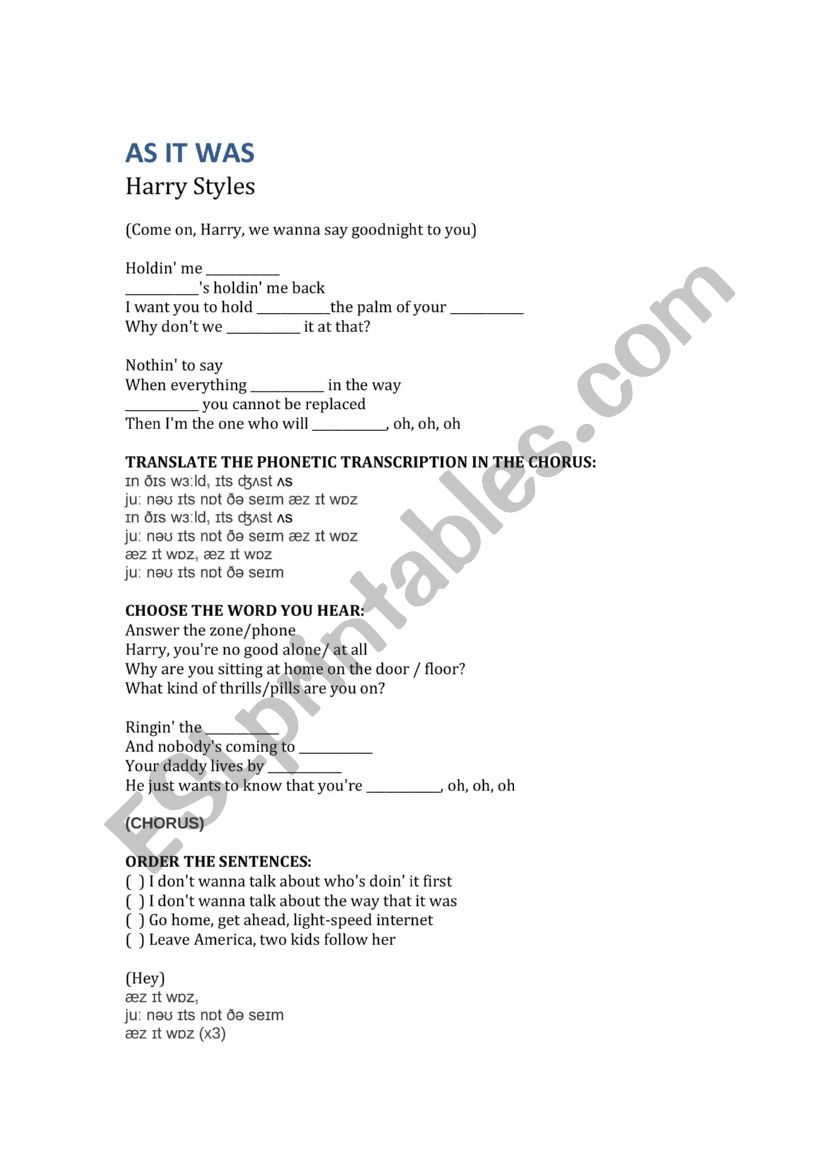 Harry Styles - As It was worksheet