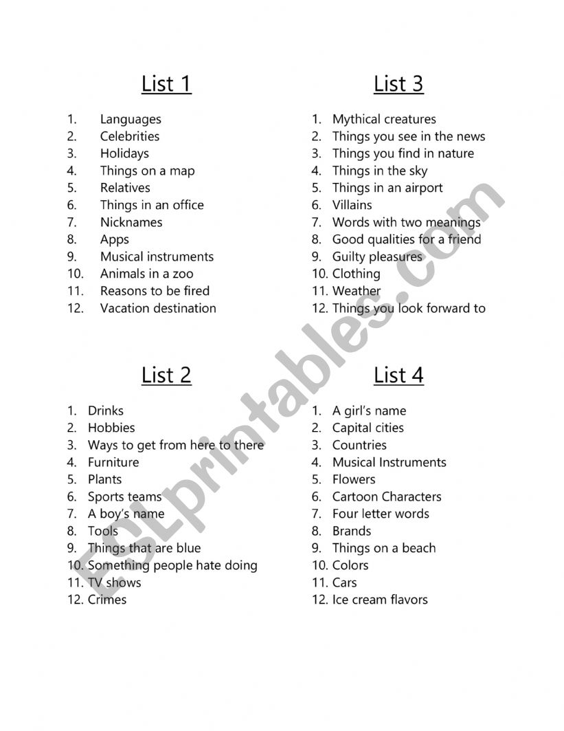 Scattergories Topic Lists worksheet
