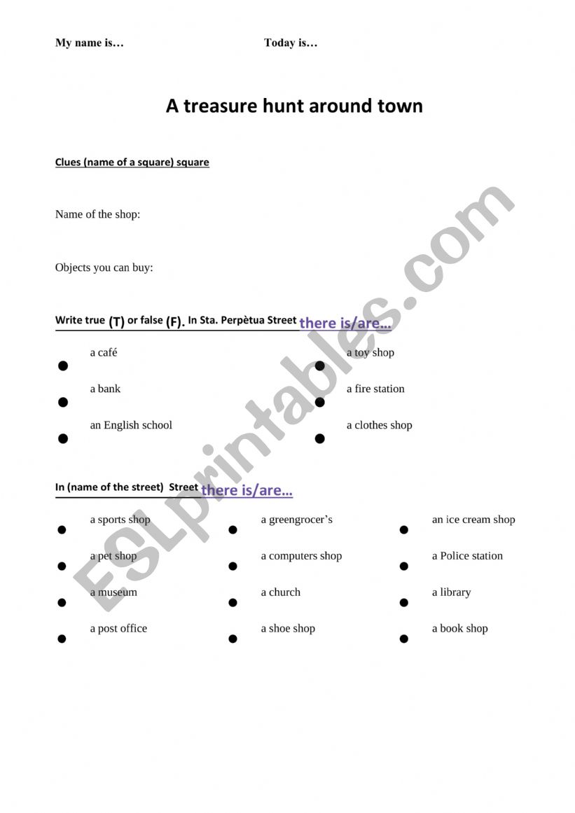 Treasure hunt around town worksheet